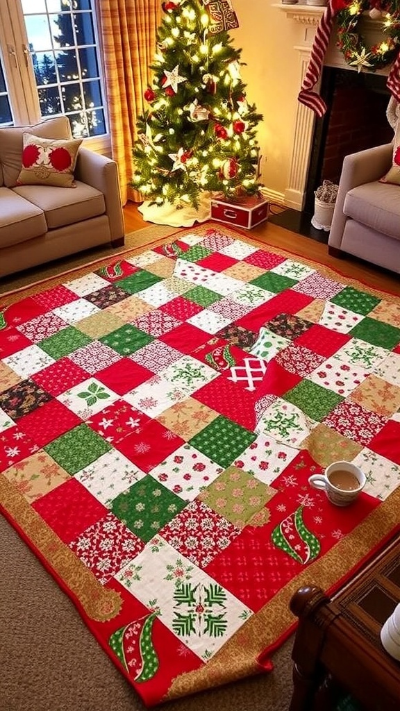 Layer Cake Christmas Quilt Recipe Layer Cake Christmas Quilt with festive patterns on a cozy living room floor.